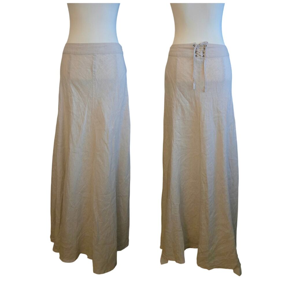 Boho Flowy 100% Linen Maxi Skirt Lace Up 6 Light Beige Neutral Coastal Tahari
